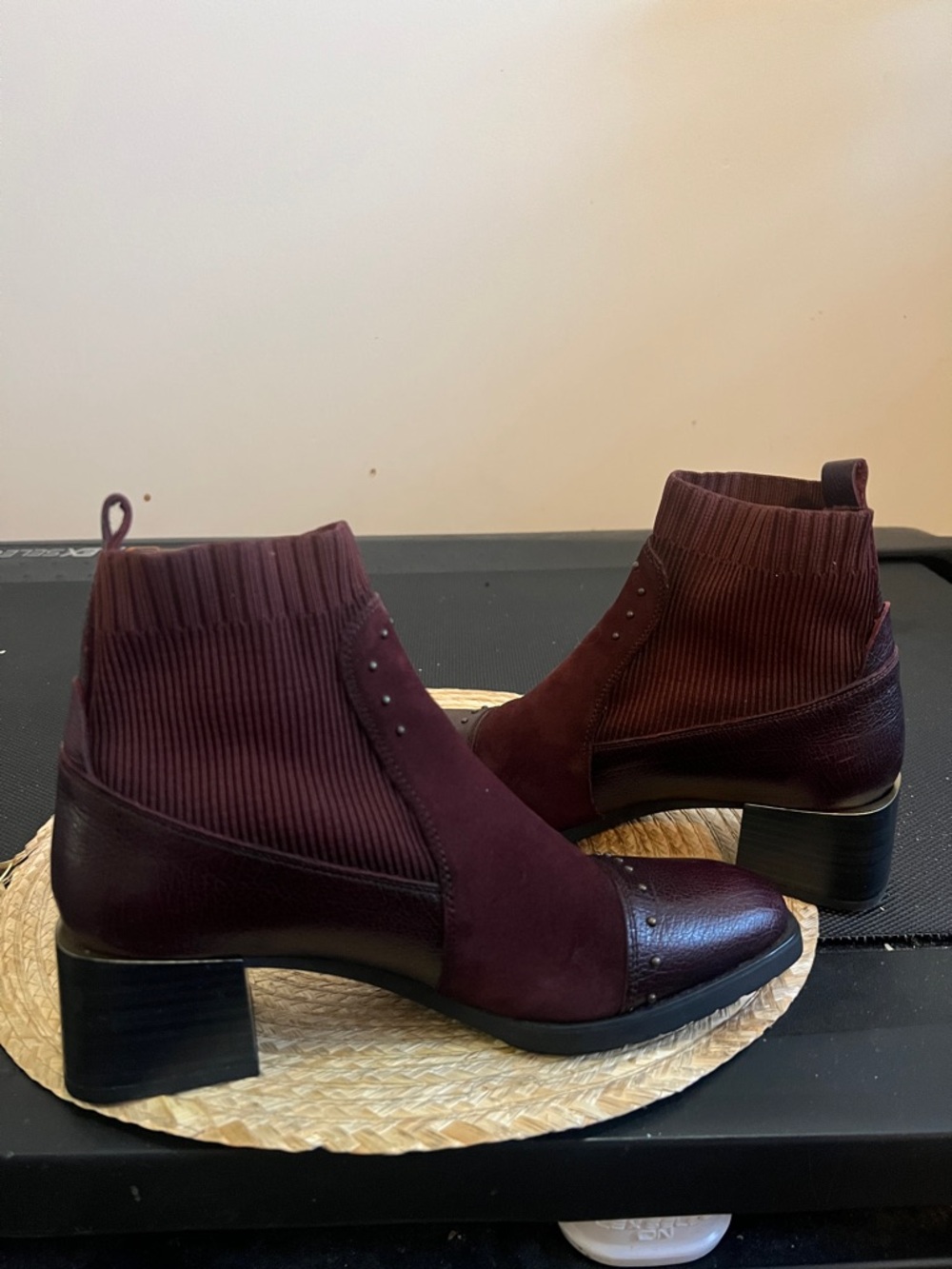 Women's Burgundy Ankle Boots — Suede & Leather Mix